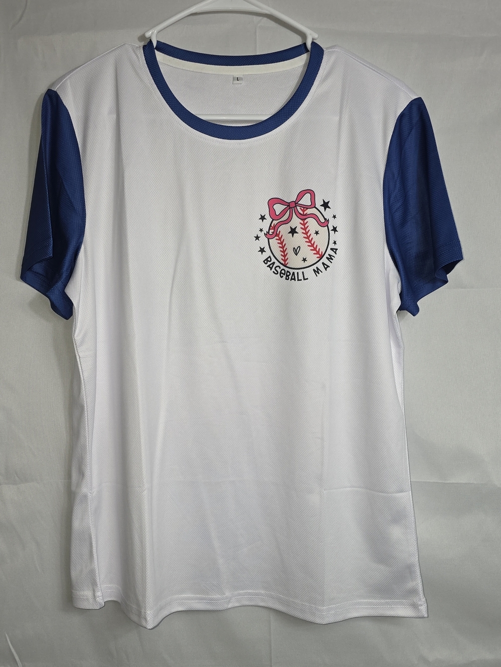 Womens Large Baseball Mama Jersey White, Pink & Blue (W705)